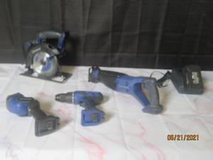 lot 22 image: 5PC KOBALT TOOL LOT   18V CIRCULAR SAW ,18V RECIPROCATING SAW ,18V DRILLDRIVER,18V WORK LIGHT AND 18V NICD BATTERY CHARGER ALL WORKING