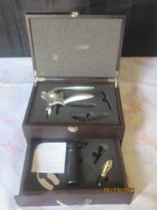 lot 44 image: WINE OPENER KIT WITH TOP AND PULL OUT DRAWER WOOD CARRY CASE - SET INCOMPLETE SEE PICS