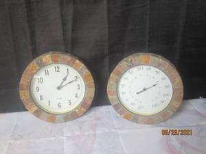 lot 66 image: DUO CONCRETESANDSTONE OUTDOOR  WALL CLOCKS WITH THERMOMETER