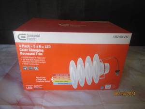 lot 112 image: COMMERCIAL ELECTRIC  1002 936 217  4 -PACK   5IN AND 6 IN.  LED COLOR CHANGING  RECESSED TRIM LIGHTS