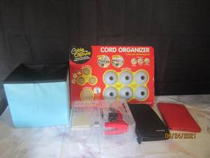 lot 126 image: MISC LOT  - CABLE CAPTURE CORD ORGANIZER,FOLDABLE STORAGE BIN ,NEW MICOSCOPE KIT,CASE LOGIC CD ORGANIZER,IPAD COVER CASE
