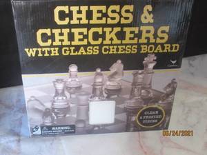 lot 127 image: CHESS & CHECKERS WITH GLASS CHESS BOARD  ( CLEAR & FROSTED PIECES )