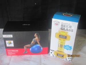 lot 139 image: BCG  65CM STABILITY BALL & BIG MOUTH DUMBBELL BERR GLASS
