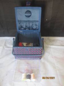 lot 140 image: FABRIC SEWING BASKET WITH CONTENTS