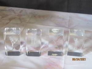 lot 152 image: TOTAL OF 4 CRYSTAL GLASS 3D LASER ETCHED CUBE MODEL ENGRAVING FIGURINES,CENTER PIECES DECORATIONS,WEDDING SOUVENIRS ,