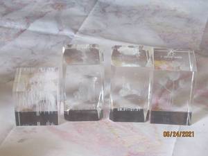 lot 153 image: TOTAL OF 4 CRYSTAL GLASS 3D LASER ETCHED CUBE MODEL ENGRAVING FIGURINES,CENTER PIECES DECORATIONS,WEDDING SOUVENIRS ,
