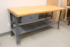 lot 218 image: WOODEN TOP ONE DRAWER TWO TIER WORK TABLE 6FT&nbsp L X 30X34H
