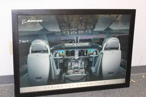 lot 141 image: BOEING 787 DREAMLINER PICTURE POSTER IN BLACK WOOD FRAME, 39 X 27