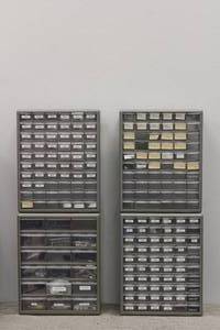 lot 302 image: TOTAL OF 4 PLASTIC BIN STORAGE ORGANIZERS WITH CONTENTS(&nbsp ( TOTAL OF 198 DRAWERS)&nbsp&nbsp SEE PICS&nbsp