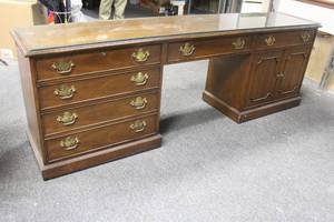 lot 452 image: VINTAGE SOLID WOOD DESK WITH GLASS TOP 92L x19 x 31H