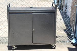lot 125 image: METAL 2- DOOR MOBILE STORAGE CABINET CART WITH 16 SLOTS  SEE PICS , 39 X 18  X 39 H&nbsp