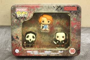lot 193 image: FUNKO VINYL FIGURINES POCKET POPS HORROR IN TIN CASE , GHOST FACE , CHUCKY , BILLY&nbsp