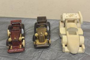 lot 95 image: TOTAL OF 3 WOODEN 8 CARS , THE HOME DEPOT MODEL CAR &amp 2- ANTIQUE CLASSIC CONVERTIBLE CARS&nbsp
