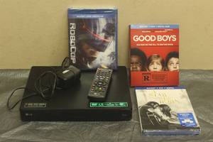 lot 112 image: LG BLU-RAY DISC PLAYER BPM35 WITH 3- BLU - RAY DISC-ROBO COP, A STAR IS BORN , GOOD BOYS&nbsp