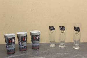 lot 157 image: TOTAL OF 3-NASCAR DALE EARNHARDT JR #88 PLISNER 8.5 GLASSES &amp TOTAL OF 3 - NASCAR DALE EARNHARDT SR RARE HOLOGRAM 6 COLLECTIBLE CUPS&nbsp