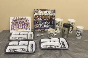 lot 188 image: DALLAS COWBOYS COLLECTIBLE LOT  TUMBLERS,MUG, PARTY TRAYS , BOOK, CHEERLEADER PHOTO -SEE PICS&nbsp