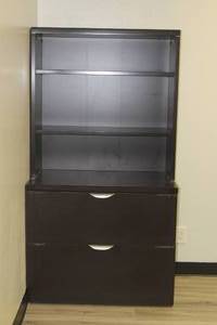 lot 46 image: WOOD&nbsp TWO DRAWER LATERAL FILE&nbsp CABINET WITH OPEN HUTCHBOOKCASE &amp KEY ,66H X 35.5W
