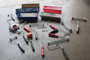 lot 75 image: LOT OF PAINT ROLLERS AND DRYWALL MUD PANS