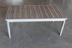 lot 12 image: AFRESCO HOME ALL WEATHER TEAK TOP MODERN OUTDOOR METAL COFFEE TABLE