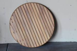 lot 237 image: ROUND 32 DIAM ALL WEATHER TEAK WOOD TOP METAL OUTDOORINDOOR DINING TABLE TOP ONLY