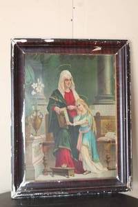 lot 101 image: ANTIQUE LITHO METAL PRINT CATHOLIC SAINT ANNE &amp VIRGIN MARY WOOD FRAME&nbsp 28 X 22
