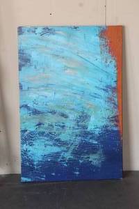 lot 79 image: STUPELL INDUSTRIES SEA WAVE INSPIRED ABSTRACT DESIGN BLUE RED GALLERY30 X 45