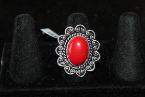 lot 227 image: RED CORAL GERMAN SILVER RING SIZE 9