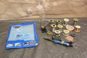 lot 119 image: SOILDERING IRON LOT WITH ROLLS OF WIRE SILICONE PLATFORM AND MORE