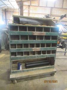 lot 17 image: WOOD CONTENDER 28 COMPARTMENT CUBBY STORAGE TOOL ORGANIZER ON CASTERS