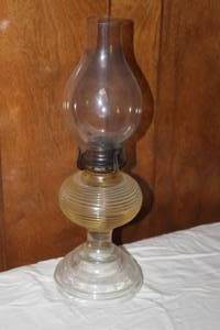 lot 80 image: VINTAGE P & A RIBBED DEPRESSION GLASS PEDESTAL OIL LAMP