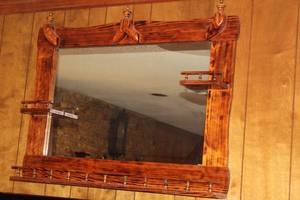 lot 127 image: LARGE SOLID WOOD CUSTOM SHELVES DISPLAY WALL MIRROR