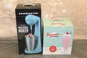lot 50 image: OVENTE ELECTRIC MILKSHAKE MAKER WITH SUMMER TREATS SET OF 4) MILK SHAKE GLASSES
