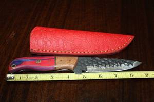 lot 79 image: CARBON STEEL HUNTING KNIFE WITH CUSTOM HAND CARVED HANDLE