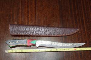 lot 107 image: DAMASCAS STEEL 14 UPSWEPT KNIFE WITH CUSTOM HAND CARVED HANDLE