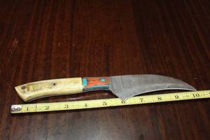 lot 112 image: DAMASCAS STEEL CHEFS KNIFE WITH CUSTOM HAND CARVED HANDLE