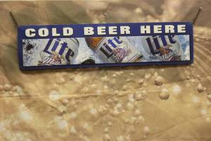 lot 115 image: MILLER LITE COLD BEER HERE METAL SIGN 37 X 9