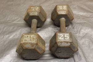 lot 57 image: 2 CAST IRON 25LB DUMBBELLS