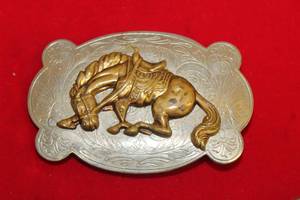 lot 160 image: VINTAGE NICKEL SILVER WITH  COPPER HORSE WESTERN   BELT BUCKLE