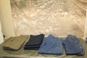 lot 83 image: TOTAL OF 8 DENIM , BROWN , BLUE ASSORTED SIZE DICKIE PANTS  SEE PICS&nbsp