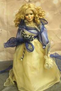 lot 133 image: VINTAGE PORCELAIN DOLL IN WHITEBLUE GOWN&nbsp