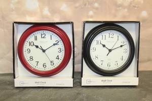 lot 228 image: TOTAL OF 2 MAINSTAYS STERLING &amp NOBLE REDBLACK WALL CLOCKS&nbsp