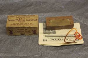 lot 62 image: HERTERS NO99 SQUIRREL CALL WITH STRIKER IN ORIGINAL BOX AND MANUAL
