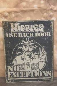 lot 93 image: SCHONBERG HIPPIE USE BACK DOOR METAL SIGN 16X12