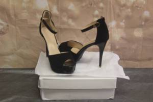 lot 273 image: NEW LADIES SIZE 41 BLACK PEEP TOE PLATFORM STILETTO HEELED ANKLE STRAP PUMPS