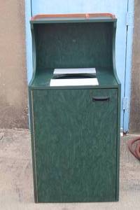 lot 121 image: WOOD FRAME TRASH RECEPTIACLE  WITH TRASH CAN