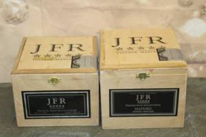 lot 31 image: TOTAL OF 2 JFR VINTAGE SELECCION WOOD CIGAR BOXES , 7 18  X 6 & 7 12 X 5 12 ,MADE IN NICARAGUA