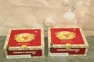 lot 50 image: TOTAL OF 2 ROMEO Y JULIETA RESERVA REAL TORO WOOD CIGAR BOX , MADE IN DOMINICAN REPUBLIC