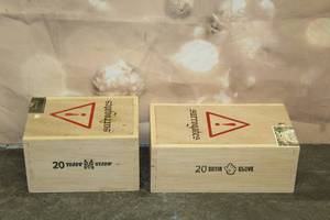 lot 51 image: TOTAL OF 2 SURROGATES SATIN GLOVE TRAMP STAMP WOOD CIGAR BOXES  6 & 8 , MADE IN NICARAGUA