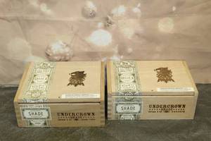 lot 58 image: TOTAL OF 2 UNDERCROWN SHADE  TOROROBUSTO  BY DREW ESTATE WOOD CIGAR BOX , 8 12 X 6 &  8 38 X 7 MADE IN NICARARGUA