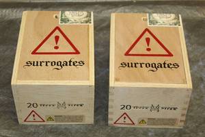 lot 109 image: 2 SURROGATES TRAMP STAMP WOOD CIGAR BOXES MADE IN NICARAGUA